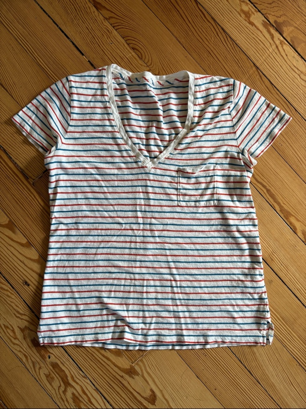 Madewell White V-Neck Tee with Red and Blue Stripes